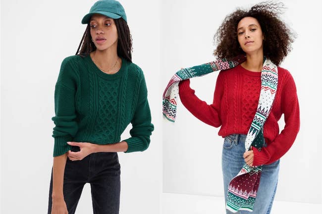 split image of two models wearing the same sweater, in green on the left and red on the right