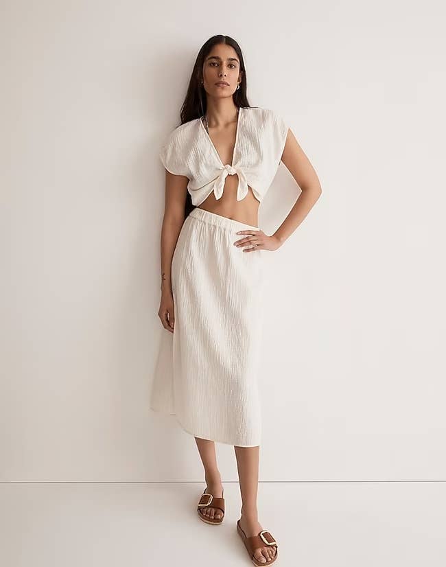 model wearing double-layered cotton gauze white tie-front crop top