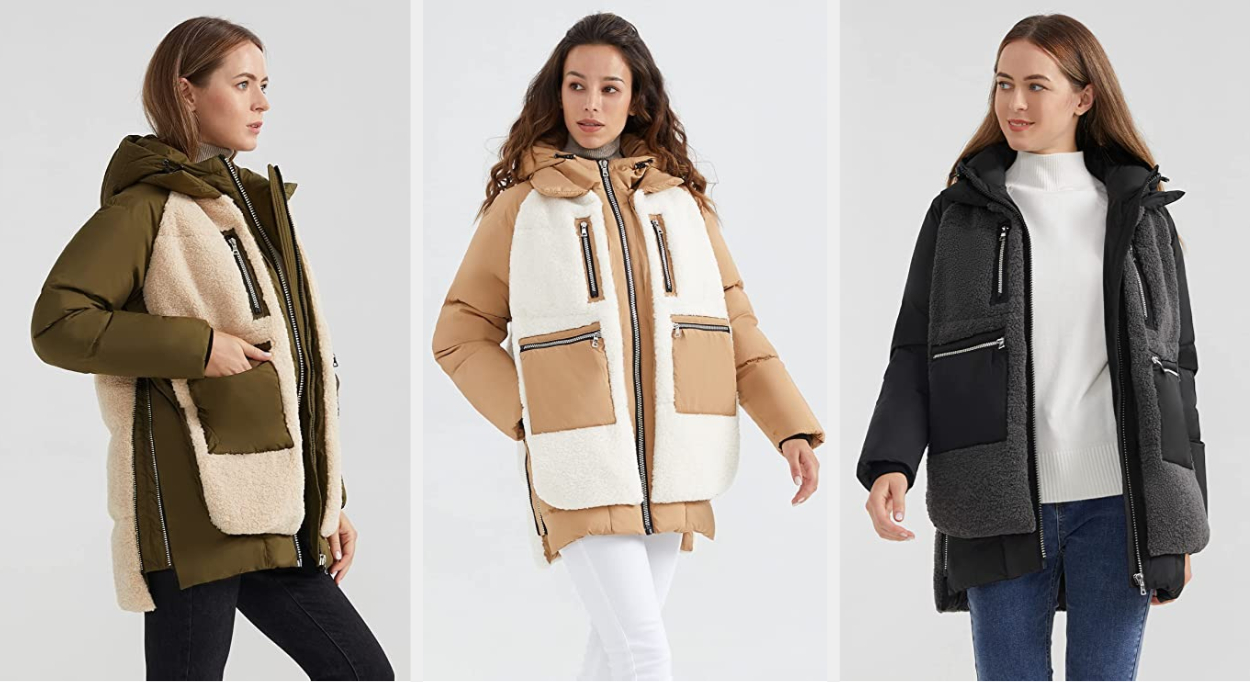 Three image of models wearing the sherpa jackets