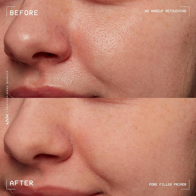 Close-up of a model's look showing earlier and aft utilizing a pore filler primer.