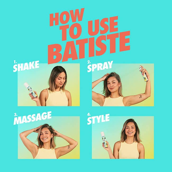 A model demonstrating the dry shampoo steps: shake, spray, massage, and style