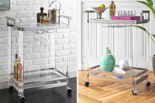 Two images of the silver and clear glass bar cart