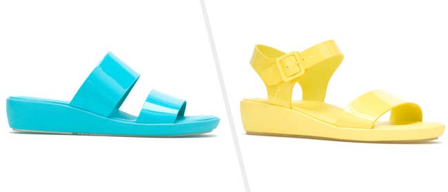 Two images of blue and yellow wedge sandals