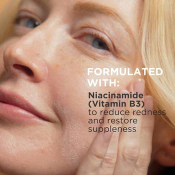 Close-up of a mode applying a skincare product containing Niacinamide (Vitamin B3) 