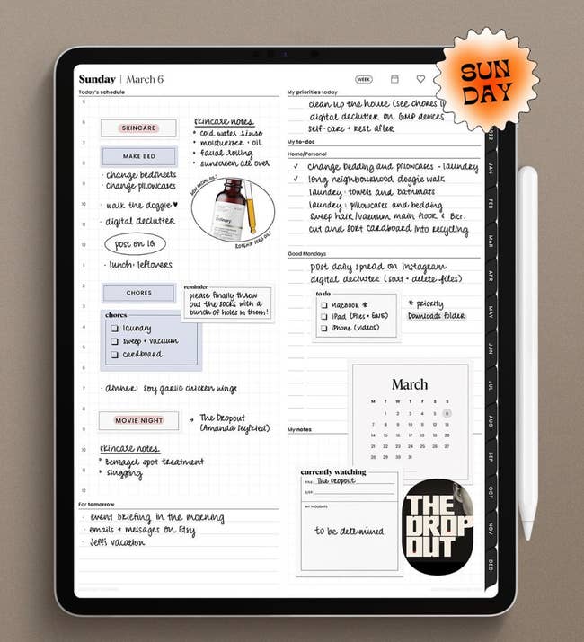 A digital planner page mapping out a day of tasks and goals on an iPad with a stylus 