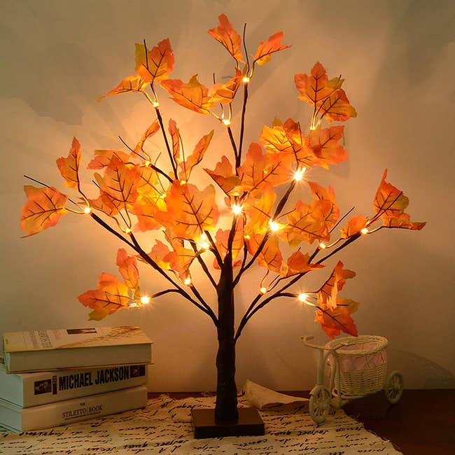 photo of lighted maple tree with orange leaves on table 