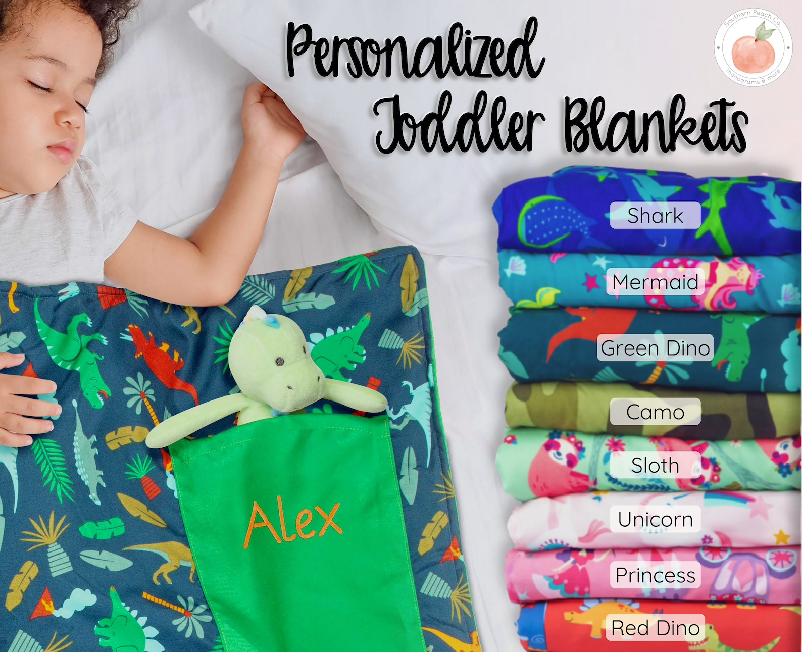 Child sleeping in colorful personalized blanket with pocket for stuffed animal