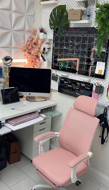 a reviewer's pink chair at their desk