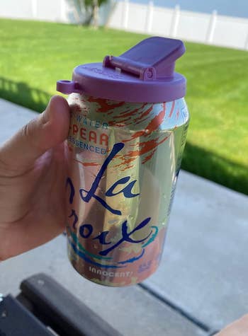 Hand holding a LaCroix sparkling h2o  tin  with a purple tin  screen  outdoors