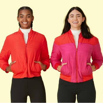 two models both wearing the jacket, showing how it's reversible