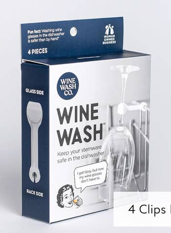 Wine Wash Co. box with illustration of wine glass attached to a dishwasher rack 