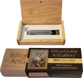 BillionDollarArtGallery USB box set displaying art paintings; includes a 2-hour video with titles and music, featuring 500 historic masterpieces