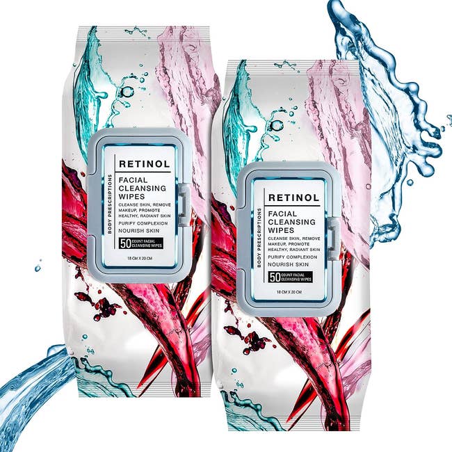 Two retinol facial cleansing wipes packages