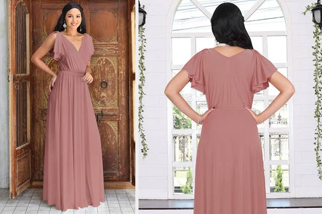 Model showing front and back view of pull on rose gold dress with ruffle sleeves