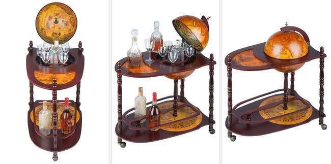 Three images of the brown globe bar cart