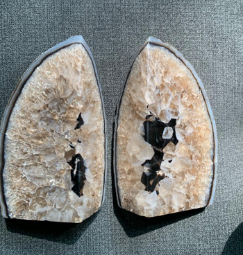 closeup of the inside of two geode bookends owned by reviewer 