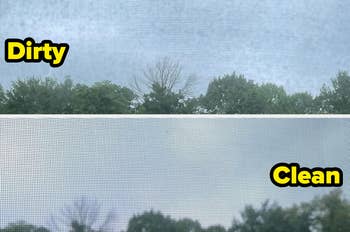 Side-by-side examination  of a soiled  and cleanable  model   surface  showing improved visibility of trees beyond the screen