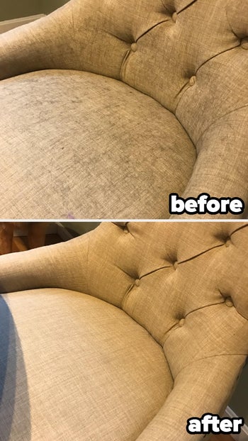 a before photo of pet hair all over a chair / an after of the same chair now clean of pet hair