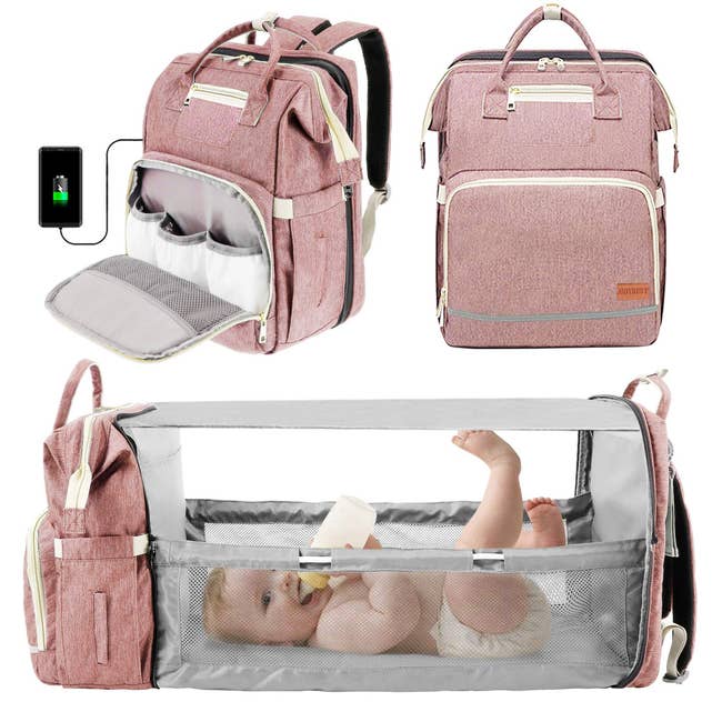 Image of pink backpack and baby in changing station