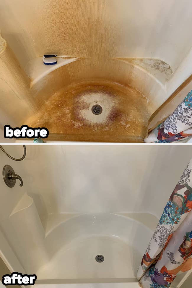 a reviewer's shower looking super dirty, and the same reviewer's shower looking clean and brand new after using the stain remover