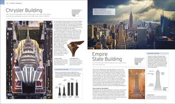 open pages of the book showcasing NYC man-made wonders like the chrysler building and empire state building 