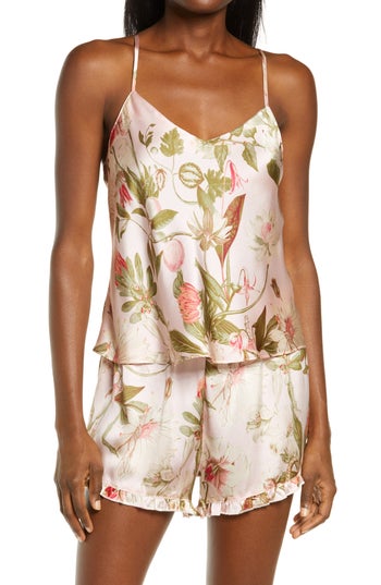 model wearing floral design silk pajamas