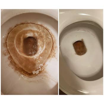 A before and after pic of a toilet bowl with rust and hard water rings