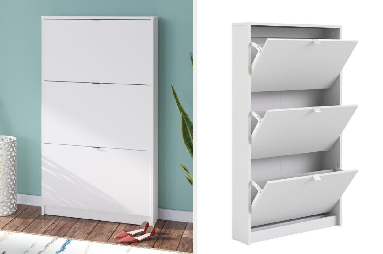 collage of three-tier white shoe storage cabinet closed and open