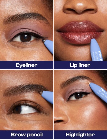 Close-up images of makeup application: eyeliner, lip liner, brow pencil, and highlighter used on different facial areas