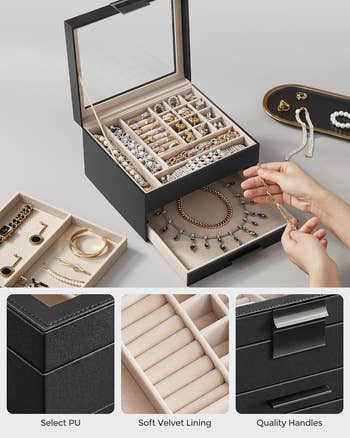 Jewelry box featuring separate compartments for various pieces is shown with hands arranging a necklace. Inset images highlight features: select PU, soft velvet lining, quality handles