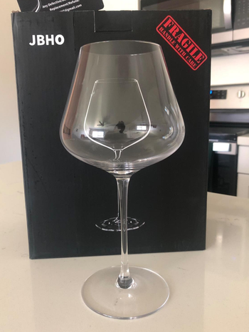 Reviewer image of the glass in front of its box