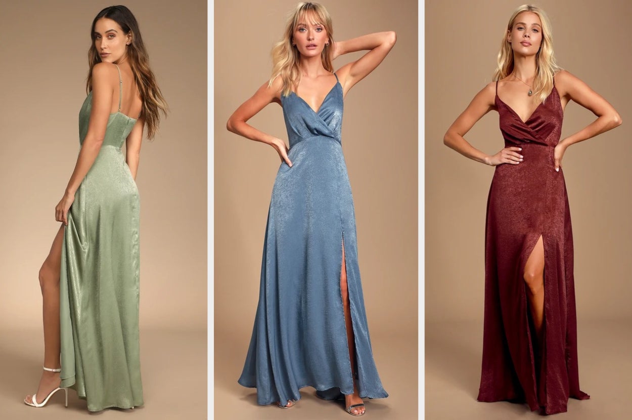 Three images of models wearing green, blue, and red dresses