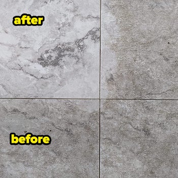 Reviewer's floors, with the upper right corner looking clean and fresh after using the drill scrubber attachment labeled after, and the other rest of the floor looking dirty with grime caked into the tiles labeled before