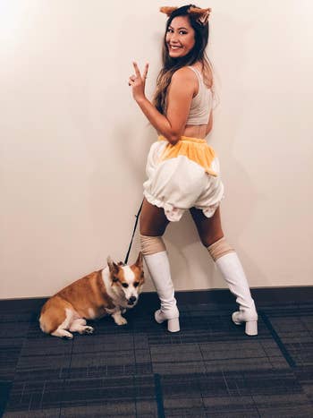 reviewer wearing the shorts as part of a corgi costume, with their actual corgi