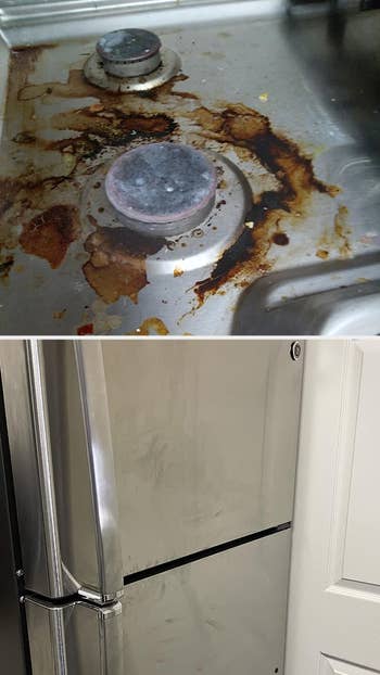 a before picture of a dirty stove and dirty refrigerator door