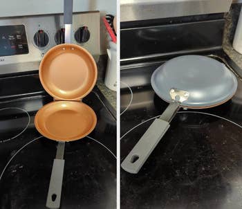 A double sided pan open to show both sides, and closed to show the tight fit 