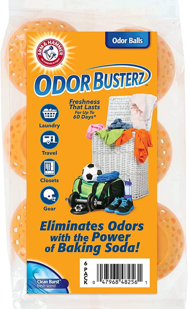 Orange odor eliminating balls in their packaging 
