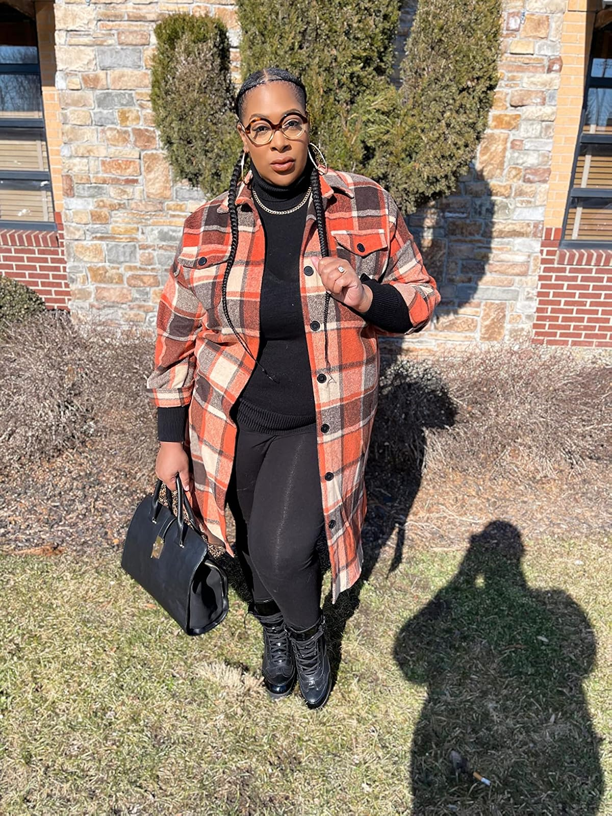 A reviewer stands extracurricular  wearing a plaid overgarment  implicit    a achromatic  outfit, holding a achromatic  handbag. They are posing adjacent   a ceramic  and chromatic  building