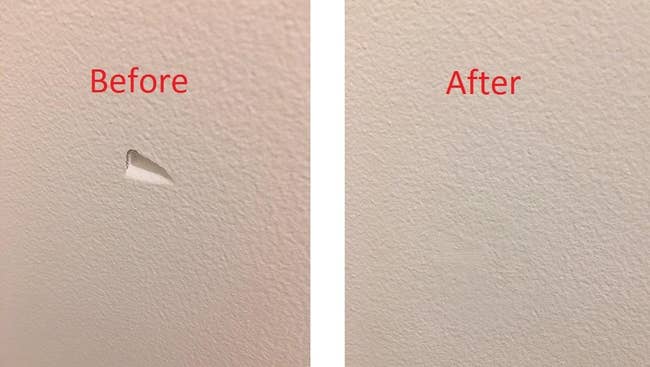 Before photo of a wall with a dent it in and an after photo of the same patch of wall and the dent is totally gone