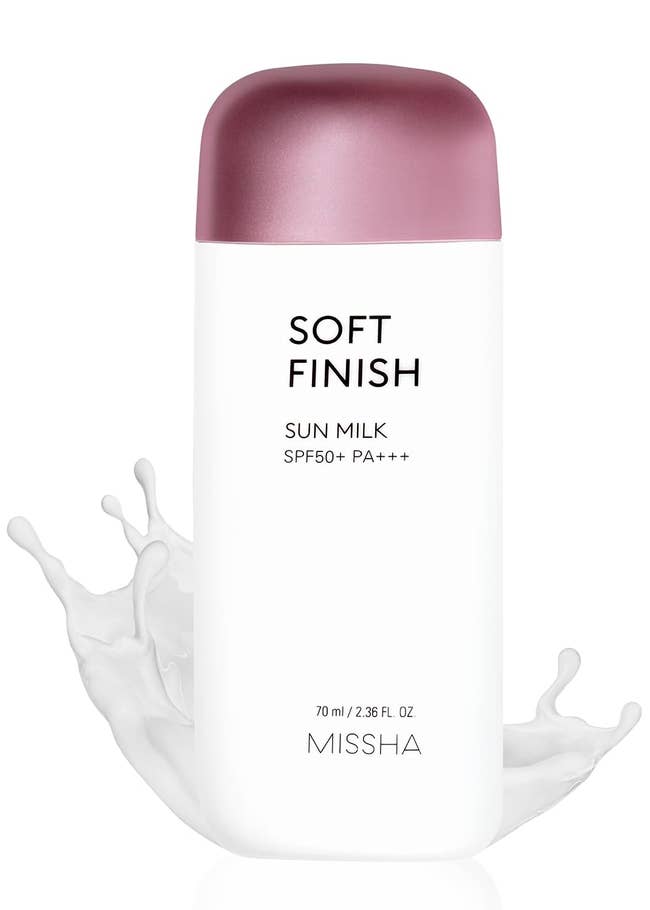 MISSHA sunblock bottle with splash effect, labeled 