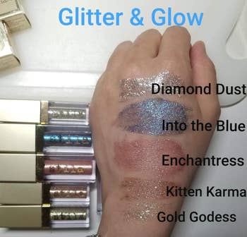 swatched of the glitter shadows on a reviewer's hand