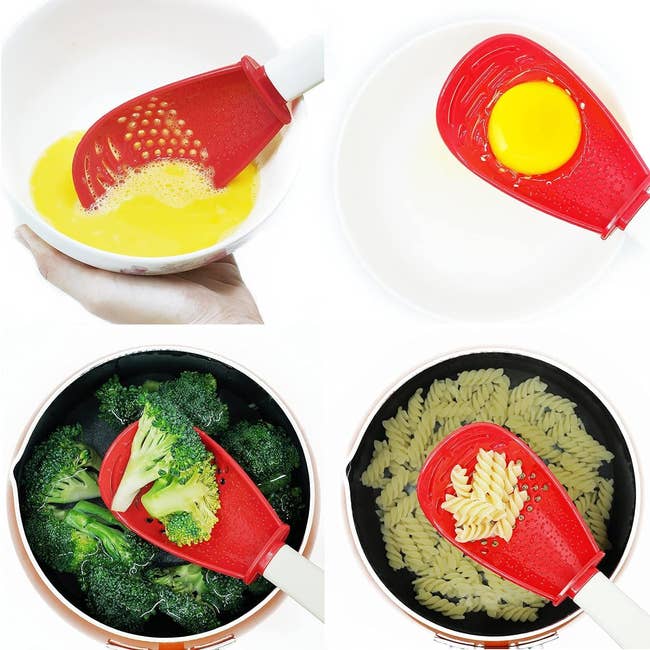Four images show a red kitchen strainer with different uses: straining eggs, holding an egg yolk, straining broccoli, and straining pasta