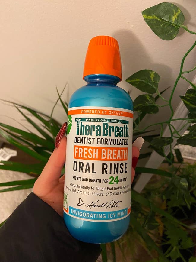 TheraBreath Fresh Breath Oral Rinse bottle held by a hand, labeled as invigorating icy mint flavor
