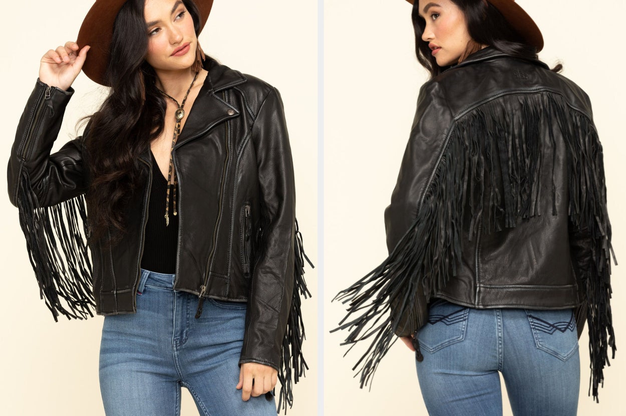 Two images of a model wearing the black jacket