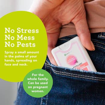 Person holds a mosquito repellent product while tucking it into their back pocket; text highlights its stress-free, mess-free usage