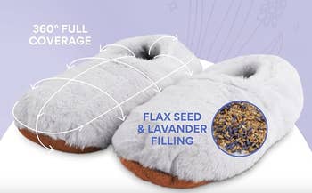 the fuzzy slippers showing they are filled with flax seed and lavender and have 360º coverage