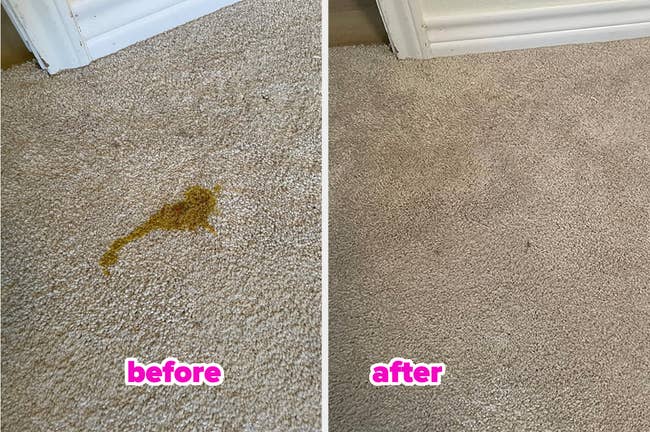 before/after of a yellow pet stain that's been completely removed from a reviewer's carpet