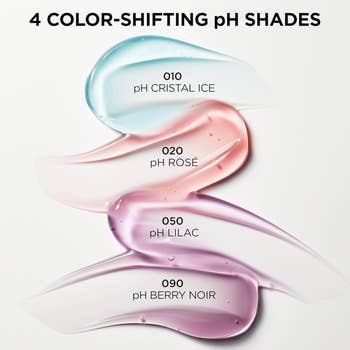 Four swatches of color-shifting pH lip gloss shades: Cristal Ice, Rosé, Lilac, and Berry Noir, shown with text