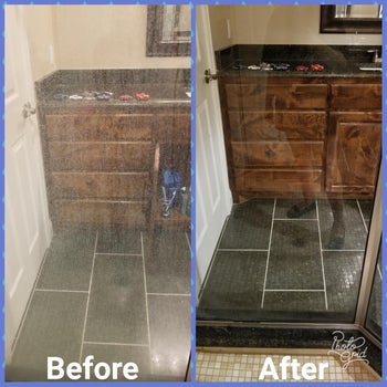 Reviewer before and after pic of their shower door after using the cleaner