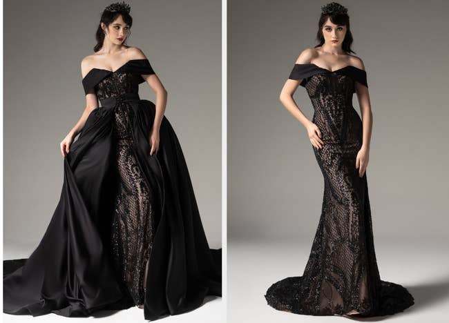 Two images of model wearing black wedding dress with and without train